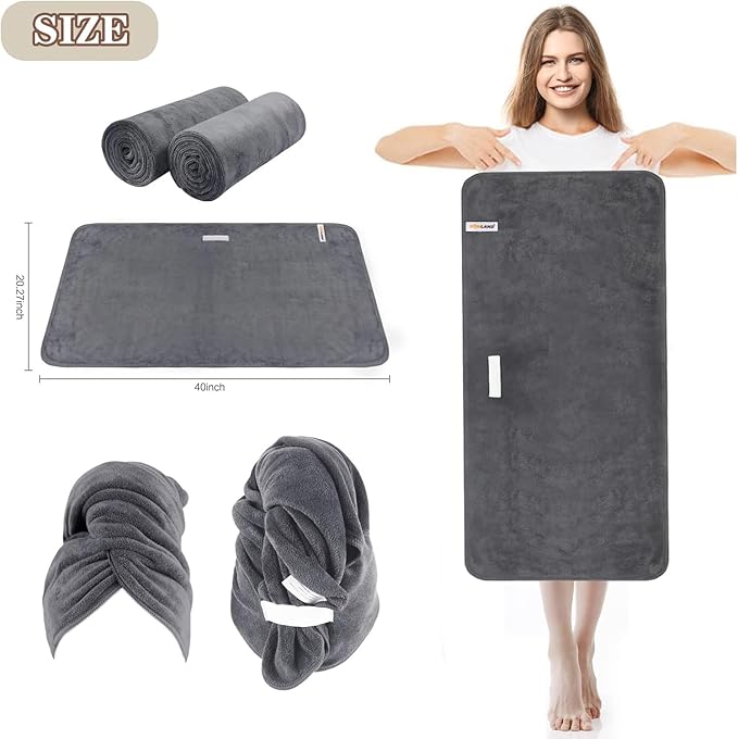 SUNLAND Microfiber Hair Towels Anti Frizz Hair Drying Towel Super Absorbent Fast Drying Turbans for Wet Curly Hair Soft Hair Towel Wrap with Elastic Band for All Hair Types 40 X 20 inches 2Pack Grey
