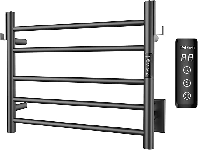 P&Dlusir Towel Warmer, Heated Towel Rack with Smart Timer and Thermo Control, Wall-Mounted Heated Towel Rail, Stainless Steel, Hard-Wired/Plug-in, Matte Black, 5 bar