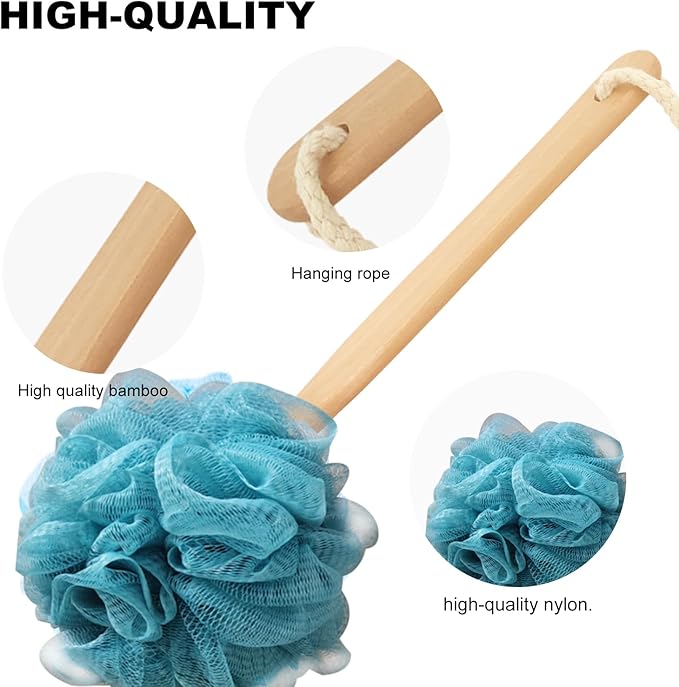 Teal Loofah with Handle - Back Scrubber Shower Sponge, Vibrant Exfoliating Luffa with PE Mesh and Wood Handle, Refreshing Bath Experience for Men and Women