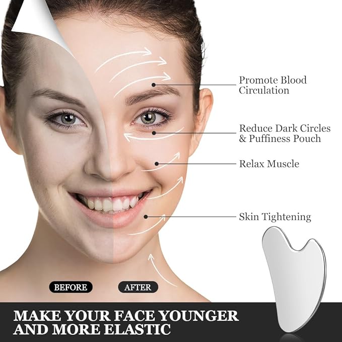 URAQT Stainless Steel Gua Sha Facial Tools Guasha Tools for Face Skin Care Body Gua Sha Tools Tighten Skin Massage Tools for Puffiness Reducing & Jawline Sculpting Face Stone Gua Sha Tools (Silver)
