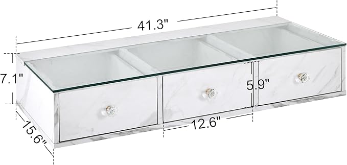 BarberPub Glass Top Wall Mount Station, Beauty Barber Spa Storage Cabinet with 3 Drawers, Minimalist Hair Salon Styling Equipment, Home & Bathroom Organizer 2200 (White)