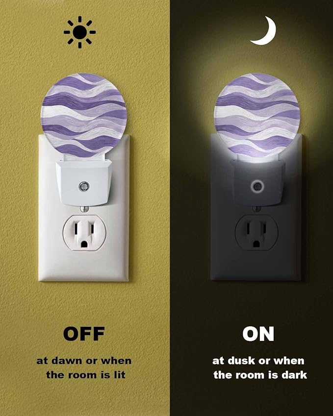 Night Lights Auto Sensor Lavender Purple Ocean Waves Night Light Abstract Mountain Stripes Round Lamp Plug-in LED Nightlights Dusk to Dawn for Living Room Bedroom Bathroom Hallway Wall Decor
