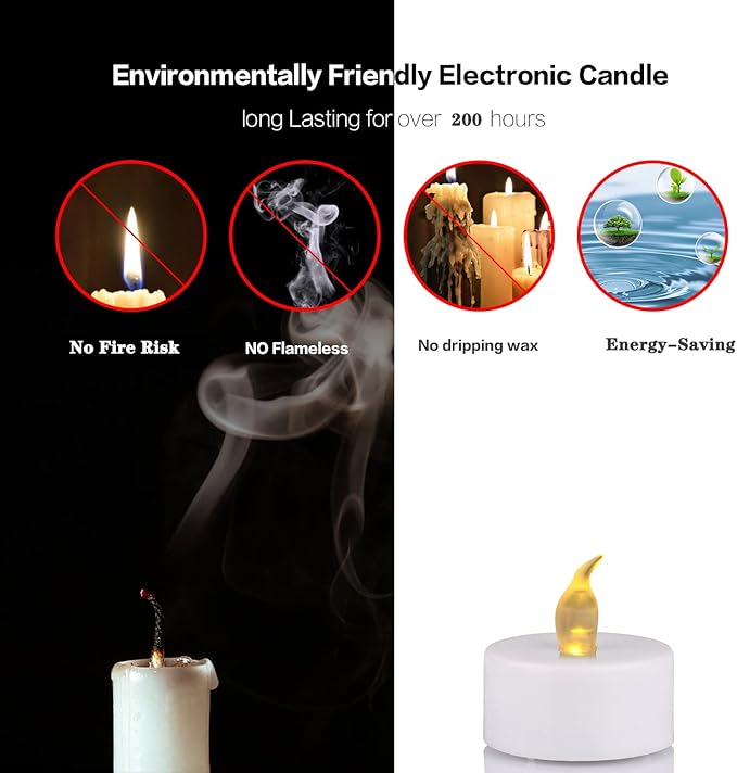 JUNPEI 50Pack Battery Tea Lights Candles- LED Tea Lights Realistic Bright Flickering Holiday Gift Operated Flameless LED Tea Light for Seasonal & Festival Celebration Warm Yellow Lamp Battery Powered