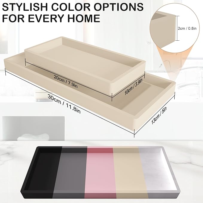Bathroom Vanity Tray, 7.8 x 3.9 Inch Silicone Bathroom Tray Countertop, Non-Slip Decorative Tray for Bathroom, Kitchen, Toilet to Organize Perfume, Jewelry, Soap, Waterproof, Beige