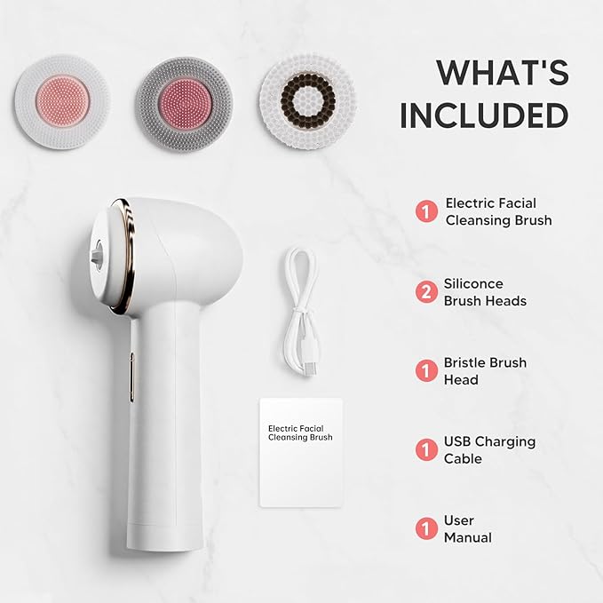 Electric Facial Cleansing Brush, Rechargeable Waterproof Dual Rotating Face Scrubber with 3 Interchangeable Heads, Soft Silicone Face Brush, White