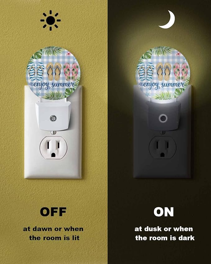 Night Lights Auto Sensor Flip Flops Night Light Enjoy Summer Green Palm Leaves Blue Plaid Round Lamp Plug-in LED Nightlights Dusk to Dawn for Living Room Bedroom Bathroom Hallway Wall Decor
