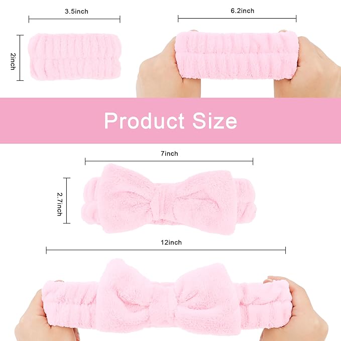CIEHER 12 PCS Black & Pink Makeup Headband for Women Wrist Washband Scrunchies Cuffs for Washing Face, Soft Bow Hair Band Matching Wristbands