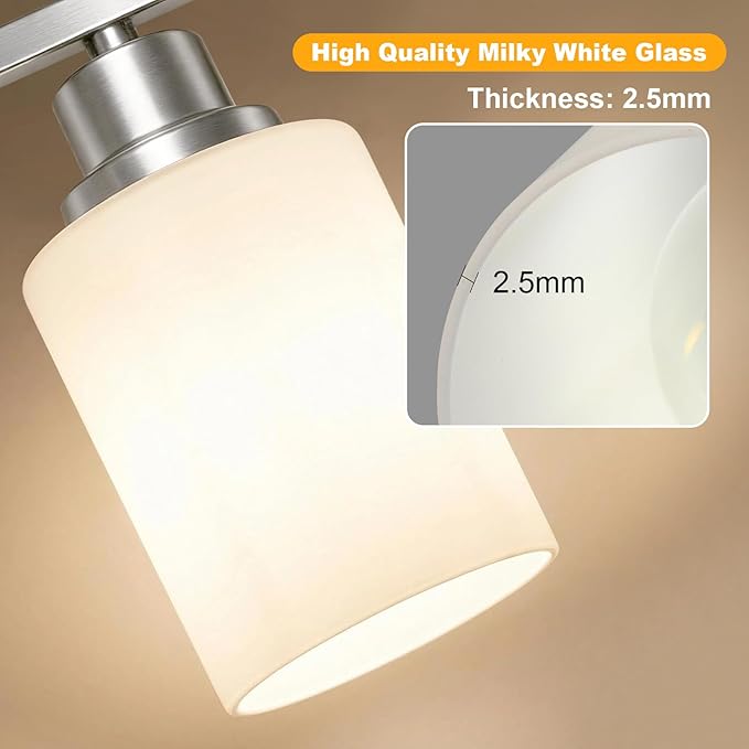 Unicozin 4-Light Bathroom Light Fixtures, Modern Brushed Nickel Vanity Light Over Mirror, Wall Sconces with Milky White Glass Shades for Living Room Bedroom Hallway E26 Base