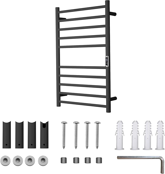 Heated Towel Racks for Bathroom, Wall Mounted Electric Towel Warmer Racks with Timer & Temperature Control, 10 Bar Stainless Steel Towel Heater for Bathroom, Black, Plug-in