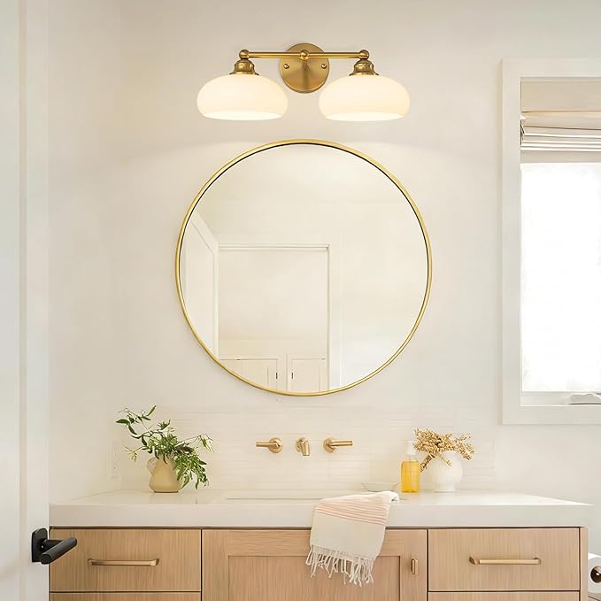 GoYeel Bathroom Light Fixtures Over Mirror, Vintage Gold Double Arm Vanity Lighting Fixtures 2 Light Antique Wall Light Fixture with Glossy Milk White Glass Shade for Bathroom, E26 Base