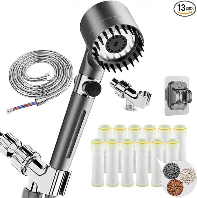 Filtered Shower Head with Handheld - High Pressure 3 Spray Modes Showerhead with Filters, 12 Replaceable Water Softener Filters for Hard Water | Ion Shower Head with 75" Anti-Burst Hose