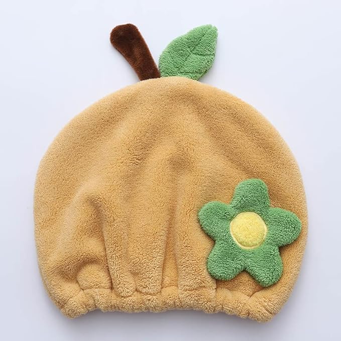 Hair Drying Towel for Kids Girls, Cute Cartoon Absorbent Quick Drying Bath Wrap Set for Bathing, Swimming Pool, Soft Microfiber Cap for Curly Long & Wet Hair, Yellow Flower