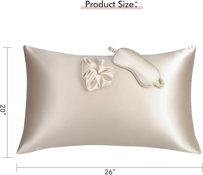 Vegan Silk Sleep Set, Vegan Silk Pillowcase with Large Scrunchie and Eye Mask for Hair and Skin, Self Care Essential Satin Night Routine Kit (Champagne Color)
