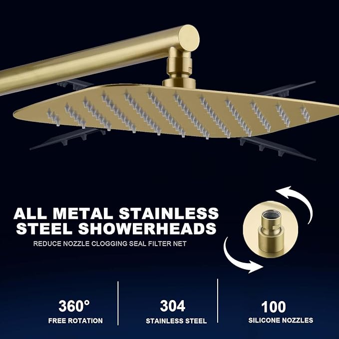 SonTiy Rain Shower Head System with Handheld Spray, 360° Adjustable Shower Arm Exposed Showerhead Kit with Caddy for Whole Family, Brushed Gold