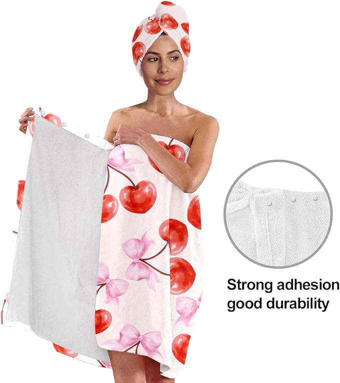 Women's Cherry Bow Towel Wrap and Hair Drying Cap Set – Pink Microfiber Shower Wrap with Red Cherries & Bows – Cute Quick Dry Spa Gift for Girls & Teens (Cherry 2)