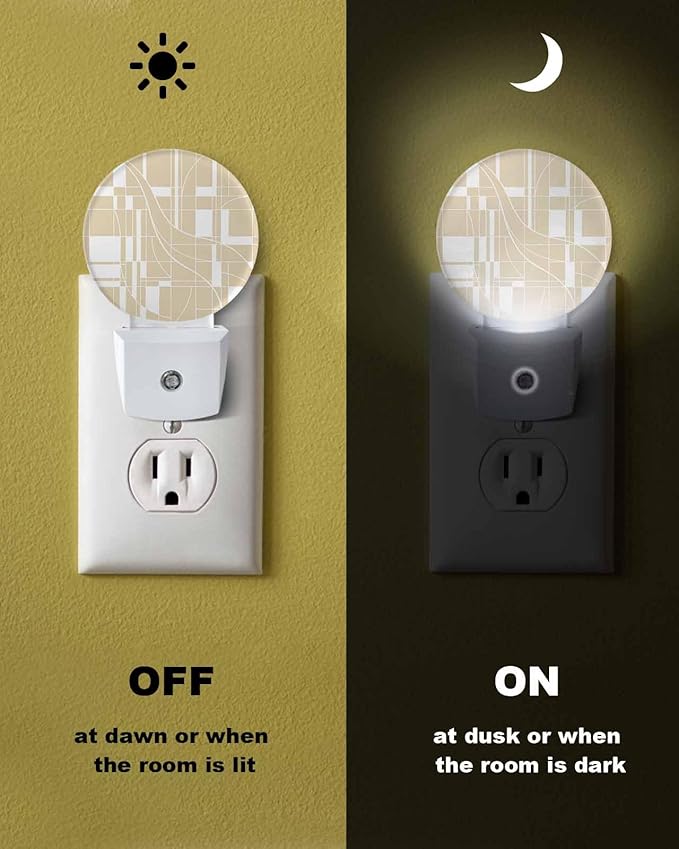 Night Lights Auto Sensor Beige Lines Night Light Modern Abstract Art Round Lamp Plug-in LED Nightlights Dusk to Dawn for Living Room Bedroom Bathroom Hallway Wall Decor