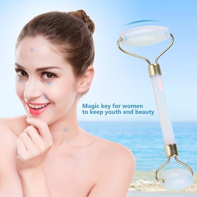 1Pcs Natural Jade Double-head Beauty Roller Anti-Aging Face Roller Eye Neck Massager Slimming Tool Tool(Light Blue)