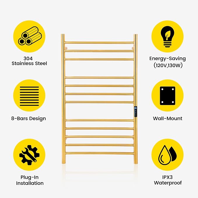 12-Bars Gold Heated Towel Rack–23" Wall Mounted Towel Warmer with Timer & Temperature Control, Stainless Steel