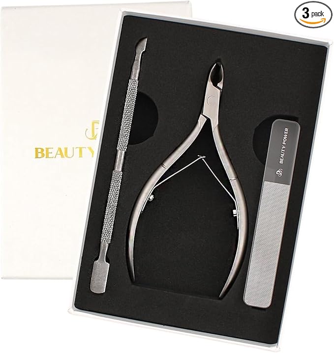 Beauty Power Cuticle Trimmer with Cuticle Pusher & Nano Nail File - Cuticle Nipper Cuticle Remover - Professional Stainless Steel Clippers Pedicure Manicure Tools for Fingernails - Gift Idea