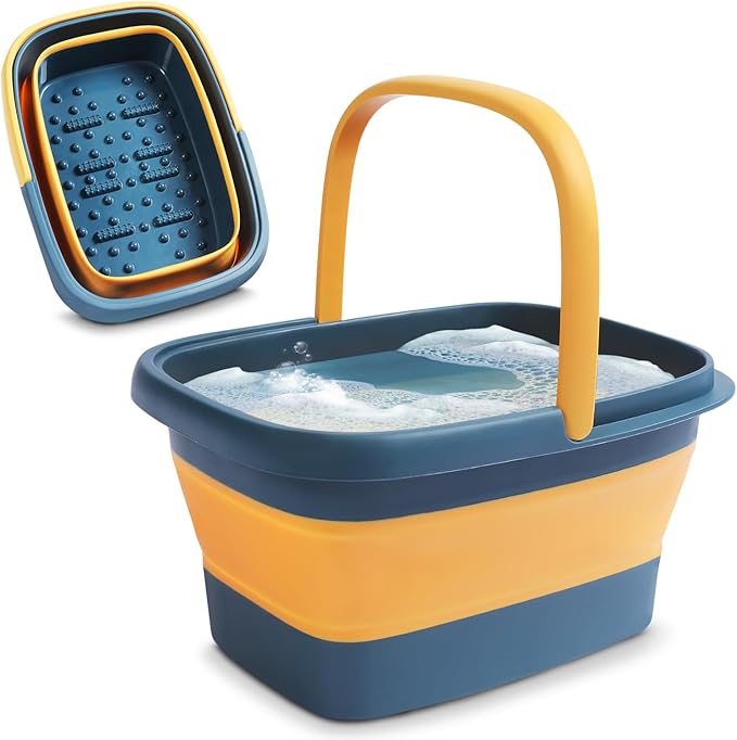 AllSett Health Collapsible Foot Bath – Advance Soaking Tub with Portable Design and Handle – Foldable Pedicure Foot Spa Bowl – Compact and Lightweight Soak with Acupressure Points, Blue and Orange