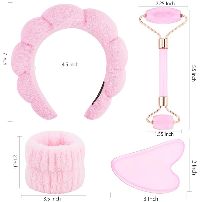 Chanaco Spa Headband and Wristbands for Women Skincare Headband for Washing Face Gua Sha & Jade Roller Facial Tools Pink Makeup Fash Wash Hairband Teen Girl Gifts Trendy Stuff