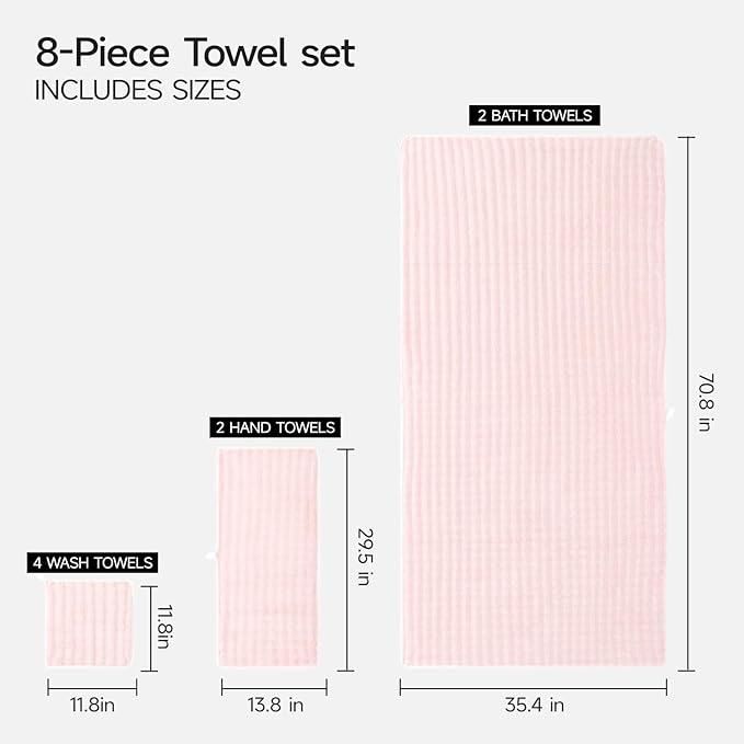 REDKISS Soft Bath Towel Sets 8-Piece, Microfiber Quick Dry & Absorbent, 35x70 in Large Bath Sheet 14x30 in Hand Towel, 12x12 in Washcloth, Pink Bathroom Towel Set