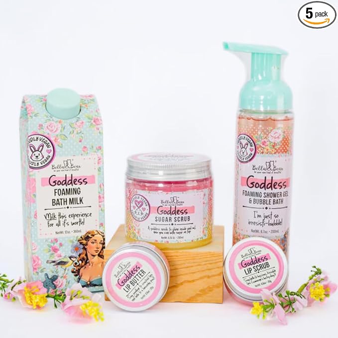 Bella & Bear Goddess Mega Bath & Body Gift Set with Foaming Shower Gel & Bubble Bath, Bath Milk, Body Scrub & Lip Scrub and Lip Butter - Gift for Women