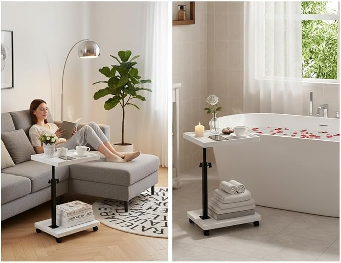 C Table End Table Adjustable Height,C Shaped End for Couch，Snack Tables,360°Swivel TV Tray Sofa Table,Tables that Slide Under,Coffee SideTable for Bed,Chair,Bath-tub (White Grain Color)