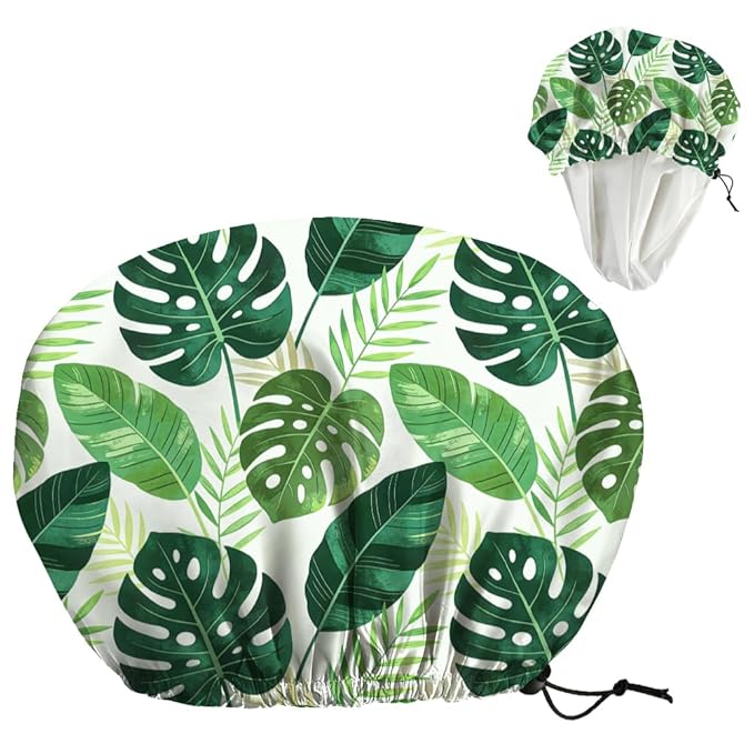 Tropical Leaves Reusable Shower Cap Green Monstera Double Layer Waterproof Shower Caps Large Elastic Hair Cover Adjustable Hair - Drying Caps for Woman Man Bath SPA Travel One Size Fits Most
