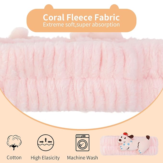 PERFECTSIGHT Kawaii Headband for Spa, Makeup, Washing Face, Party - 2 Pack Cute Hair Band for Shower Beauty Skincare, Soft Facial Headbands for Girls and Women (White+Pink Puppy)