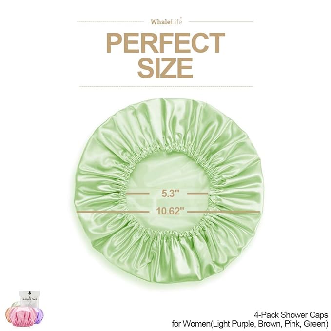 Shower Cap for Women Reusable Extra Large Shower Caps for Men Satin Double Layer EVA Waterproof Long Hair Caps(Light Purple, Brown, Pink, Green 4 Pack)
