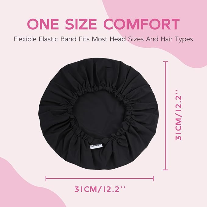 Years Calm Shower Cap for Women Waterproof Reusable – 27g Ultra Lightweight Double-Layer Shower Bonnet, Secure Fit for Long, Curly Hair, Travel & Spa (Black)
