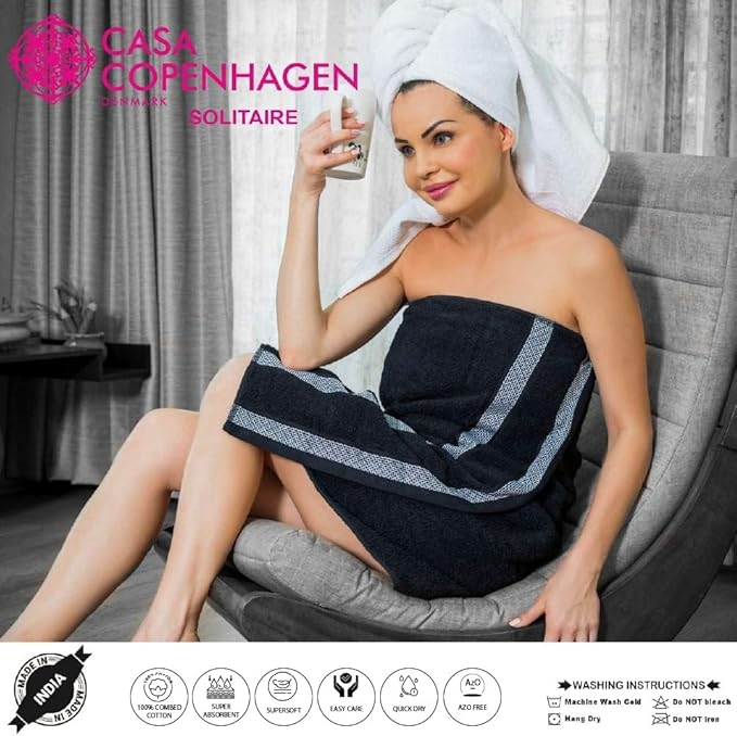 CASA COPENHAGEN Solitaire 6Pcs 100% Egyptian Cotton Large Designer Towels Gift Set- Beige, 600GSM, 2Bath 2Hand 2Washcloths, Bath Towels for Bathroom Set for Women & Men