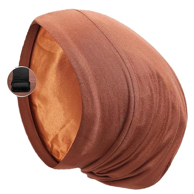 Satin Bonnet Silk Lined Sleep Cap- Adjustable Hair Cover for Women Men Frizzy Hair Night Cap Patients Care Caramel