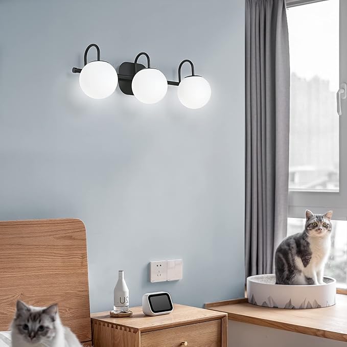 Modern Black Bathroom Vanity Light Fixtures 3 Lights Frame and Milk White Glass Globe Shade Modern Wall Sconce Lighting Bath Vanity Lights Bar Over Mirror (Exclude G9 Bulb)