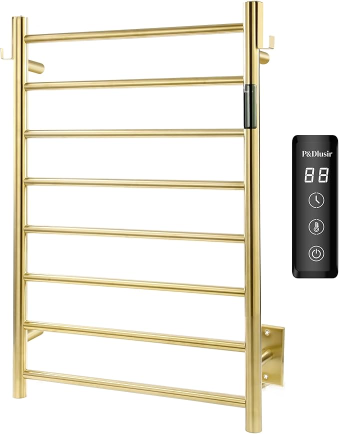 P&Dlusir Towel Warmer, Heated Towel Rack with Smart Timer and Thermo Control, Wall-Mounted Heated Towel Rail, Stainless Steel, Hard-Wired/Plug-in, Brushed Gold, 8 bar