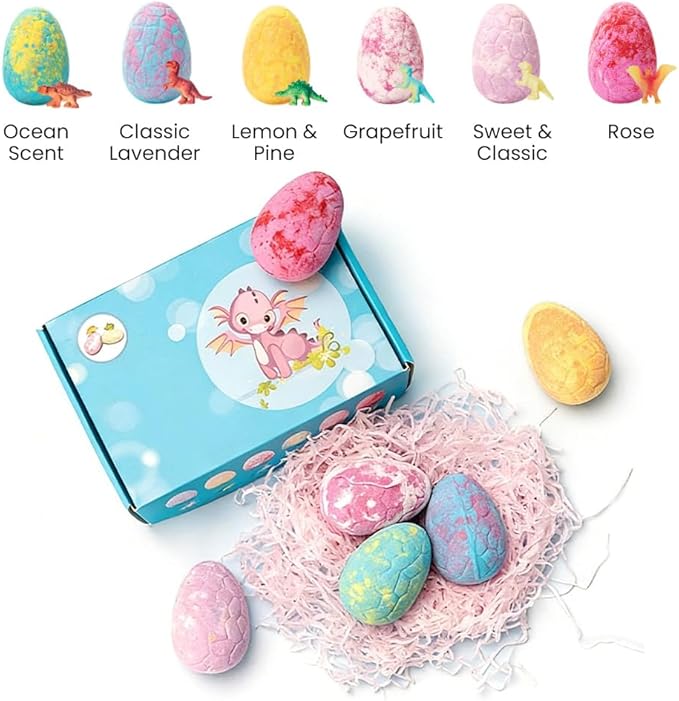 Bath Bombs with Surprise Inside, 6/12 Pack Fizzy Bubble Bath Gift Set, Dinosaur Egg & Ocean Theme Bath Fizzies, Natural Sea Salt Color Changing Spa Easter Bath Balls (Dinosaur Egg 6PC Blue Box)