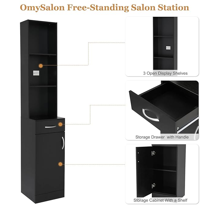 mefeir Salon Station, Barber Hair Stylist Storage Cabinet with Drawer, 5 Compartments & Shelf, Durable MDF, Organizer Equipment for Beauty Salon, Barbershop, Black