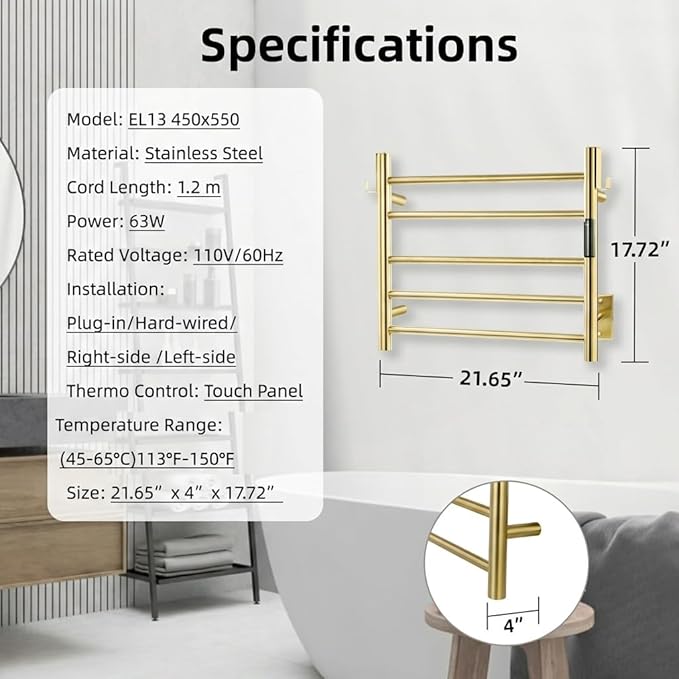 P&Dlusir Towel Warmer, Heated Towel Rack with Smart Timer and Thermo Control, Wall-Mounted Heated Towel Rail, Stainless Steel, Hard-Wired/Plug-in, Brushed Gold, 5 bar