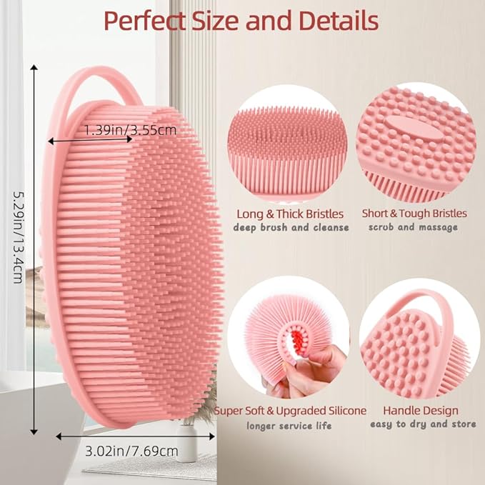 Silicone Body Scrubber 2 Pack Silicone Loofah Exfoliating Body Scrubber Soft Silicone Shower Brush with Handle Double Sided Bath Body Brush for Women Men Cleaning Massage Sensitive Skin, (Pink, Blue)