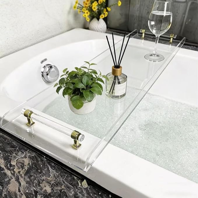 WANLIAN 33inch Luxury Bathtub Caddy Tray for Bathroom Bath tub Table Caddy Shelf for Shower Storage Organizer tub Accessories for Bath tub Table Caddy (Gold-Clear)