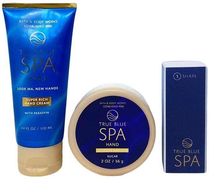 Bath & Body Works Spa Helping Hands True Blue Spa Gift - Super Rich Hand Cream, 60 Second Manicure Hand Scrub and 4-sided nail buffer - Travel Size - with a Natural Oats Sample Soap