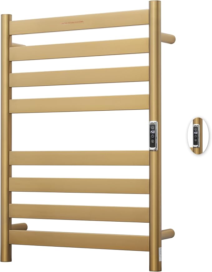 Heated Wall Mounted Electric Towel Warmer Rack,Timer & Temperature Control, 8 Bar Stainless Steel Towel Heater for Bathroom, Brushed Gold, Plug-in(27.56x19.69x4.41in)