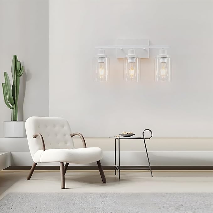 3 Light White Bathroom Light Fixtures Vanity Light Over Mirror Modern Wall Lighting Sconces Rustic Industrial Wall Lamp for Bathroom, Bedroom, Living Room E26 Socket with Glass Shade