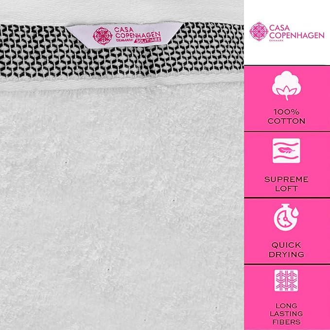 CASA COPENHAGEN Solitaire 6Pcs 100% Egyptian Cotton Large Designer Towels Gift Set- Snow White, 600GSM, 2Bath 2Hand 2Washcloths, Bath Towels for Bathroom Set for Women & Men