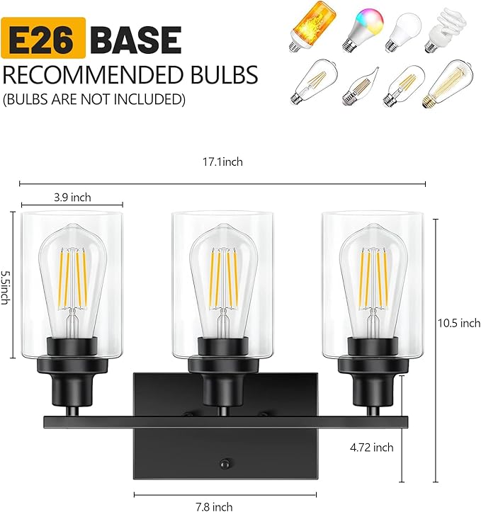 Bathroom Light Fixtures, 3-Light Vanity Lights, Black Bathroom Vanity Light with Clear Glass Shade, Modern Wall Lamp with Metal Frame, Wall lamps for Bedroom Washroom Living Room Hallway E26 Base