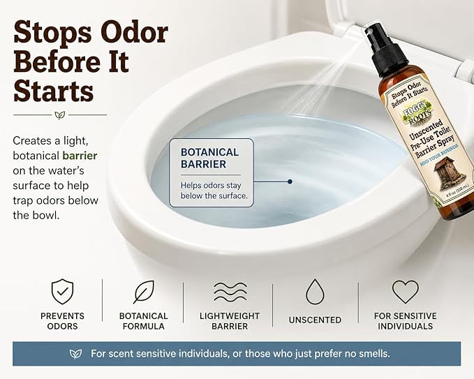 Unscented Pre-Poop Toilet Spray – Stops Odor Before It Starts, Bathroom Odor Eliminator for Toilet, 4 oz (200+ Uses) Travel, Home & Work