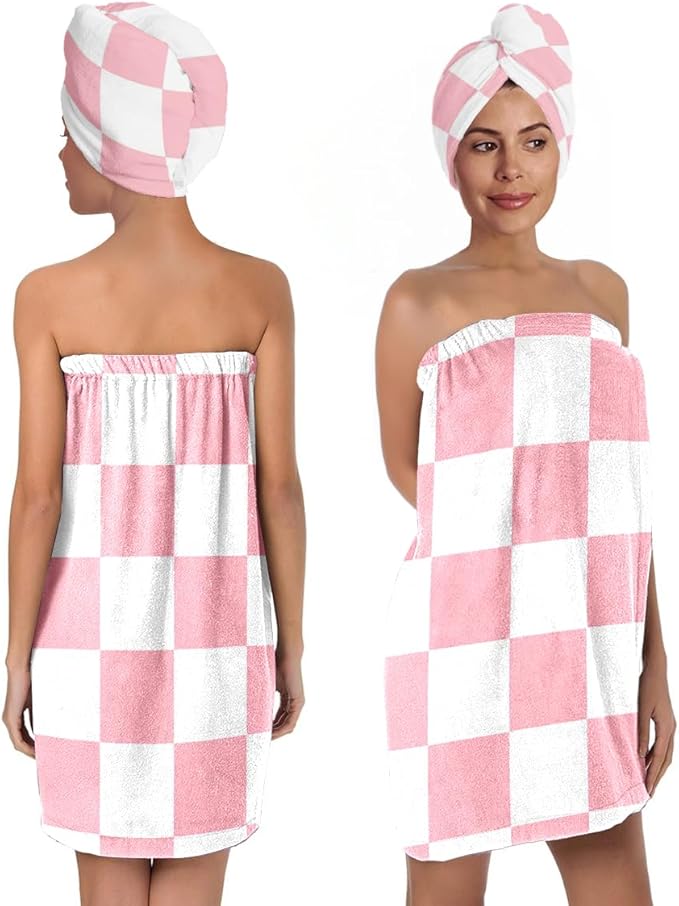 Checkered Bath Wrap Set with Hair Turban, Spa Towel Wrap, Towel Robe for Women