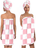 Checkered Bath Wrap Set with Hair Turban, Spa Towel Wrap, Towel Robe for Women