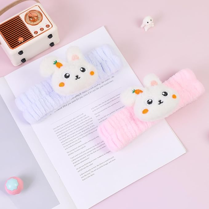Spa Headband for Washing Face, 2 Pack Cute Hair Band for Shower Yoga Beauty, Fluffy Makeup Headband, Kawaii Facial Headbands for Woman Girls, Blue+Pink Rabbit
